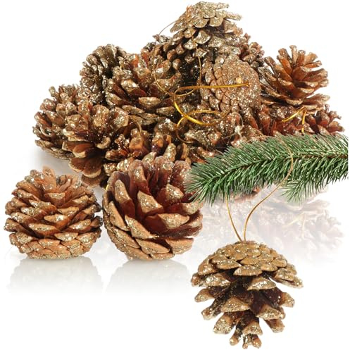 com-four® 25x Anhänger Tannenzapfen in goldfarben - Pinienzapfen als Weihnachtsdekoration - Zapfen Deko zum Anhängen - Bastel Set - Weihnachtsschmuck