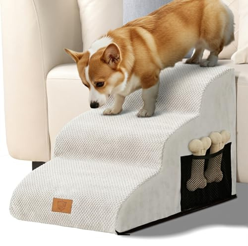 Eukue Hundetreppe 3 Stufen, Hundetreppen für Kleine Hunde und Katzen, Hochdichtem Schaum Haustiertreppe mit Bezug und Tasche, Tragbare Treppe Hunde Hunderampe mit Bezug, Weiß