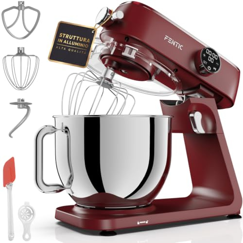 Fentic Küchenmaschine 1800W, 7L Edelstahl-Rührschüssel, Knetmaschine für Brotteig & Pizzateig, Planetenrührwerk, 10 Stufen mit Timer, Knethaken, Rührbesen, Schneebesen & Spritzschutz