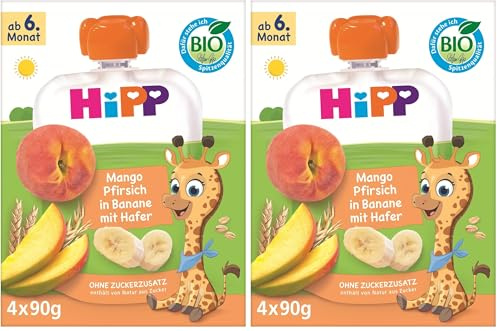 HiPP Bio Quetschie Mango Pfirsich in Banane mit Hafer,16 Stück (8er Pack mit je 4 x 90g), für Babys ab 6. Monat, ohne Zuckerzusatz, vegan, in bester Bio-Qualität