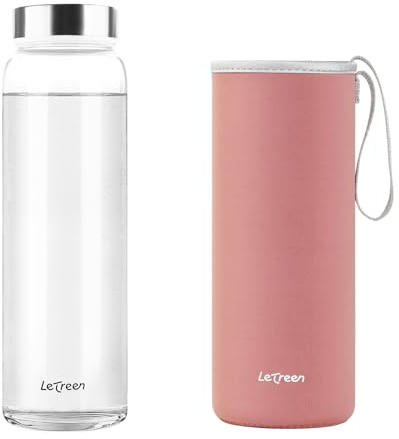 LETREEN Glass Water Bottle 1 Litre, Wide Mouth Water Bottle 1L with Neoprene Sleeve, BPA-Free Leak Proof Reusable 1000ML Drinking Bottles for Hot Cold Drinks, Work, Gym, Home, 1 Pack