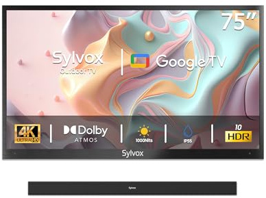 SYLVOX TV Exterior 75 Pulgadas, 4K UHD HDR, 1000 Nits, Google TV, Dolby Atmos, 60 Hz, WiFi, DVB-C/S2/T2, Smart TV IP55 Resistente al Agua para Jardín, Terraza & Piscina | Deck Pro 2.0