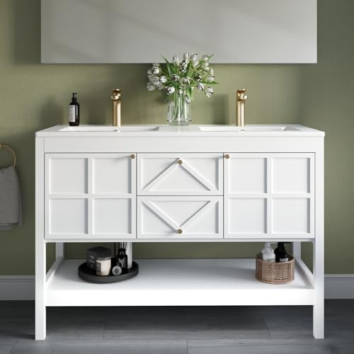ELEVACHIC 48 Bathroom Vanity with Double Sink Combo, Undermount Sink Bathroom Storage Cabinet with 2 Drawers & 2 Soft-Close Doors, Freestanding Farmhouse Cabinet with Open Storage Shelf, White