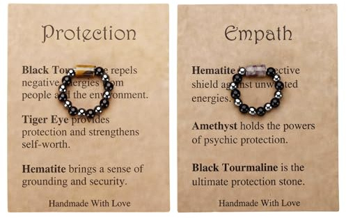 DVDVBOOM Crystal Rings, Spiritual Protection Ring with Card, Natural Gem Stone Adjustable Stretch Finger Gemstone Lucky Jewelry Gifts for Birthday Women