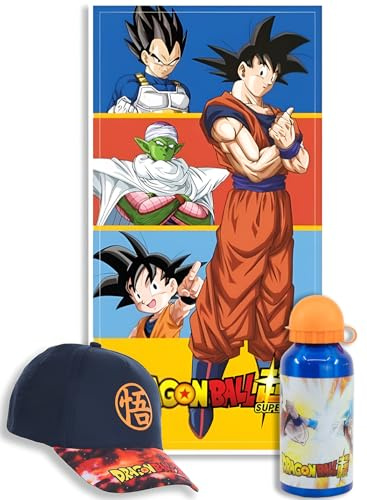 MARUKATSU Dragon Ball Pack Playa Niño Completo Toalla 140x70 cm + Gorra Ajustable + Botella 410ml – Set Verano Infantil Microfibra Secado Rápido Piscina Anime