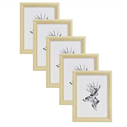 WOLTU Bilderrahmen 10x15 cm, 5er Set, Natur Holzrahmen Collage Wanddeko, Fotorahmen mit Passepartout, Posterrahmen zum vertikalen oder horizontalen Aufhängen/Aufstellen