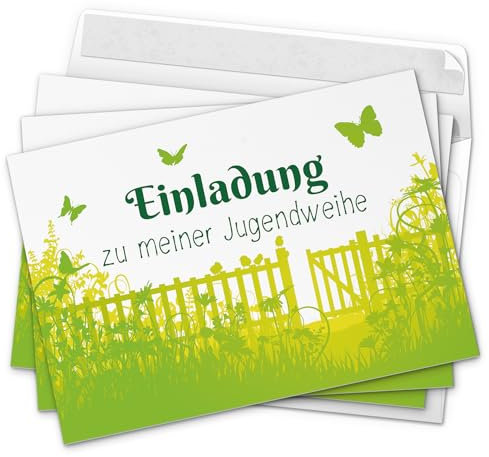 10 x Einladungskarten zur Jugendweihe mit Umschlag/Garten-Motiv grün für Jungen und Mädchen/Jugendweihekarten/Einladungen zur Feier