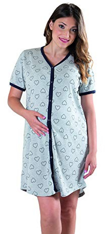 Premamy - Camicia da Notte per Premaman, Modello Estivo in Cotone Jersey, Aperto Davanti per Allattamento, Pre-Post Parto