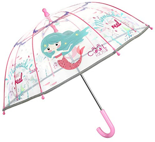 PERLETTI Regenschirm Transparent Meerjungfrau Kinder - Kinderschirm Reflektierend Durchsichtig Mermaid Rosa Türkis - Sicher Kinderregenschirm für Kleine Mädchen Kindergarten 3/5 Jahre - Durchm 64 cm