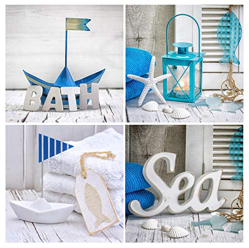 levandeo Glasbild 4er Set je 30x30cm Wandbild Glas Blau Bad Bath Deko Maritim Boot Schiff Sea Wanddeko Wellness