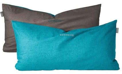 SCHIESSER Kissenhülle 40x80cm | 100%Baumwolle | Türkis-Dunkelgrau | 2er Set | Renforcé | angenehm weich & glatt | Logostickerei | Reißverschluss | OEKO-TEX® MADE IN GREEN