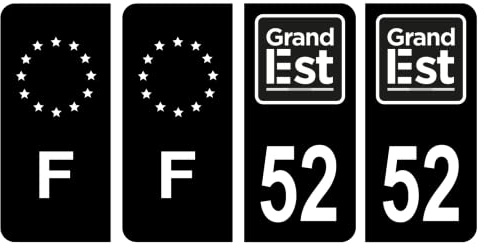 HADEXIA Nummernschild-Aufkleber, französisches Departement 52, Haute-Marne, Region Grand Est, Schwarz und F Frankreich, Europa, 4 Stück