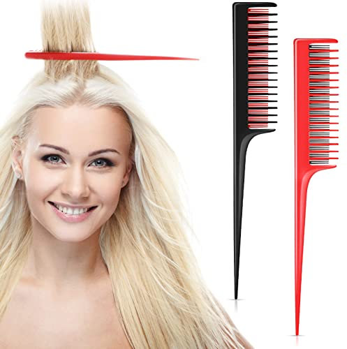 2 Pezzi Pettine Pettinatura all'Indietro Tripla Pettine a Coda di Topo per Donna Pettinare Schiena Pettinatura Radice dei Capelli, Aggiunta Volume, Styling Serale, Nero e Rosso