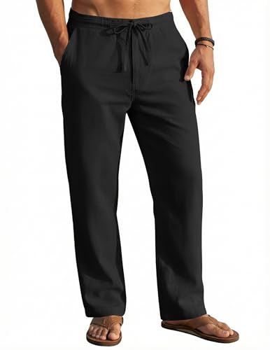 COOFANDY Men's Casual Linen Pants Elastic Waist Drawstring Beach Yoga Trousers Summer Lightweight Long Pants with Pockets, Black, Large