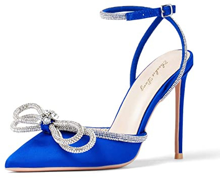 Zhabtuc Damen Stiletto High Heels mit Strass Schleife Sexy Spitz Geschlossen Zehen Bowknot Satin Stiletto Pumps Elegante Knöchelriemen High Heel Sandalen für Party Hochzeit Braut Abendkleid Blau 42 EU