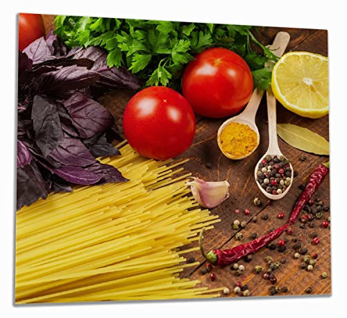 Wallario Herdabdeckplatte/Spritzschutz aus Glas, 1-teilig, 60x52cm mit 8mm hohen Füßen, für Ceran- und Induktionsherde, Italienisches Menü mit Spaghetti, Tomaten, Basilikum und Gewürzen