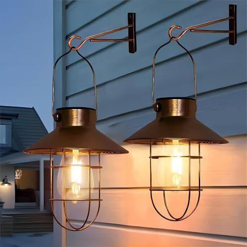 pearlstar Solar Laternen Outdoor Metall Solar Powered Hängeleuchten Wasserdicht für Wall Yard Garten Patio Garage Balkon Veranda Zaun Dekor, mit Wandmontage Kit Kupfer-2pack