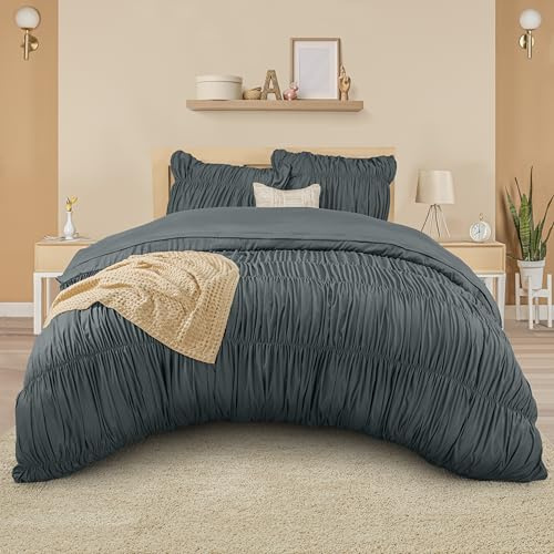Utopia Bedding Bettwäsche Rüschen Set 220x240 3 Teilig - Mikrofaser Polyester Geraffte Bettbezug 240x220 cm + 3 Kopfkissenbezug 65x65 cm - (Grau)