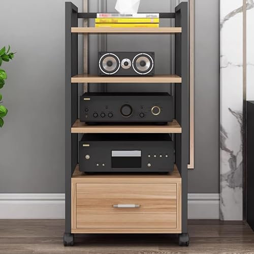 Étagère audio à 4 niveaux avec tiroir et étagère de rangement ouverte pour la maison et le bureau, support stéréo multifonction pour CD, DJ, équipement et composants, tour d'armoire d'angle (60 x 40 x