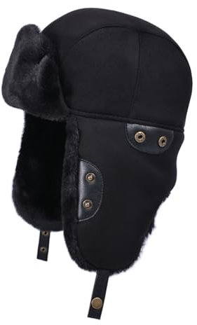 GIBZ Winter Fliegermützen aus Wildleder für Damen, Russische Mütze Kunstfell, Warme Trappermütze mit Ohrenklappen, Schwarz