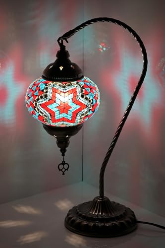 GOGERS Swan Neck Turkish Moroccan Lamp Handmade Stained Mosaic Glass Vintage Lamp Shade Bohemian Tiffany Style Bedside Night Lamp Lighting for Bedroom Living Room (Blue Red)