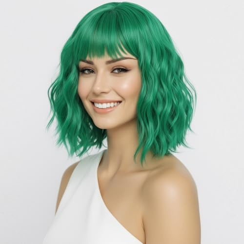 SIMKAYLEE Korta vågiga gröna peruker med lugg för kvinnor vattenvåg axellängd grön bob-peruk med lugg syntetisk fiberperuk dam för utklädning cosplay kostym fest daglig användning (30 cm)