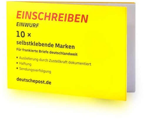10 Stück selbstklebende Post Einschreiben-Briefmarken Einschreiben-Marken Porto Etiketten Label Aufkleber mit Barcode im Block | Versicherung bis 25 EUR | Zustellung per Einwurf