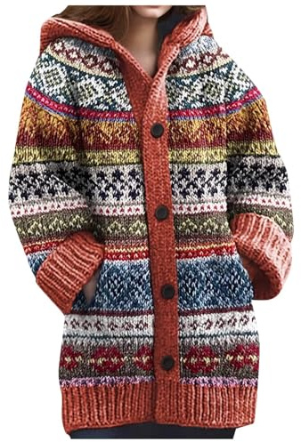 Cardigan pour femme avec motif torsadé long avec capuche - Manches longues - Avant ouvert - Col en V - Boutonnière avec poches - Broderie - Mélange de laine - Grosse maille - Cardigan - Veste