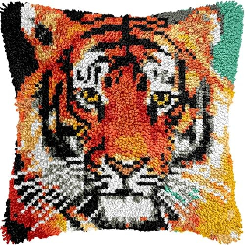 Knüpfkissen-Set für Erwachsene, Tiger-Kissenbezug mit vorgedrucktem Kissenbezug, Häkelgarn, Stickerei, Knüpfkissen, für Heimdekoration, 43,2 x 43,2 cm (l128)