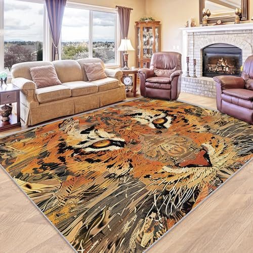 SUWALI Tiger Teppich Wohnzimmer Schlafzimmer, Gold Und Braun Bettvorleger Zimmer Deko, Waschbar, Weich, Kurzflor, rutschfest, Großer Teppiche 160x230 cm