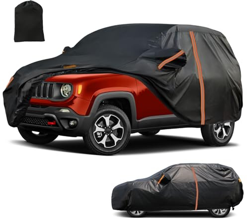 SUV Car Cover Custom Fit for Jeep Renegade 2015-2023, Waterproof All Weather Outdoor SUV Car Covers with Zipper Door, Windproof Bands and Reflective Strip for Snow Rain Dust Sun UV Protection