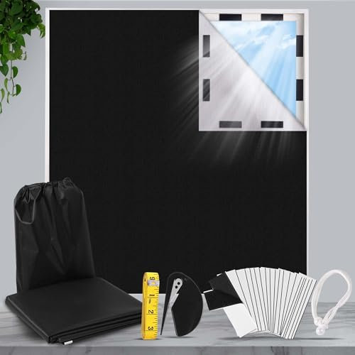 HuiCloud 100% Blackout Blind,300 x 145 CM Stick on Blackout Blinds for Windows,No Drill Portable Temporary Fits Any Size Blackout Blinds with 30Pcs Hook and Loop Tapes for Bedroom Loft Car Travel