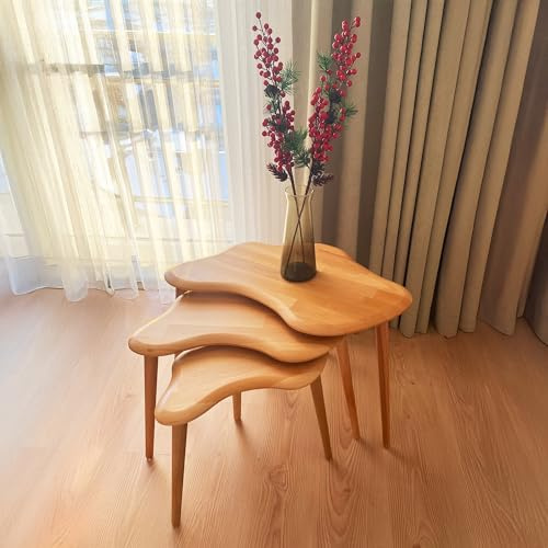 FAWdecor Nesting Coffee Tables, End Table Set of 3 for Living Room and Bedroom, Solid Wood Small Sidetables for Couch, Rustic Mid Century Modern Wooden Asymmetrical