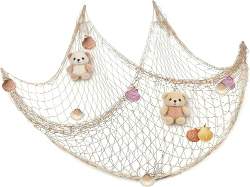 JOZMMZEOOA Fischnetz Dekoration 1M*2M Muscheln Deko Netz, Natürliche Baumwolle Fischnetz Party Dekoration Tropische Nautische Strand Tischdecke Mediterraner Stil für Familie Fotografie (Off-White)