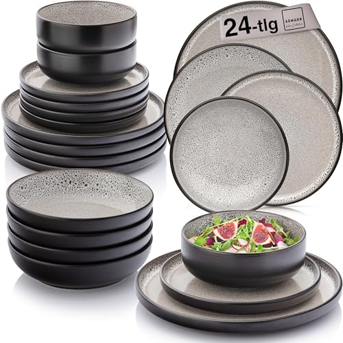 SÄNGER Luxor Steingut Geschirrset 6 Personen Teller Set 24tlg Beige Braun | Handmade Geschirr Set, Tafelservice: Speise- &Dessertteller, Müslischalen & Pastateller, spülmaschinen- & mikrowellengeeignet