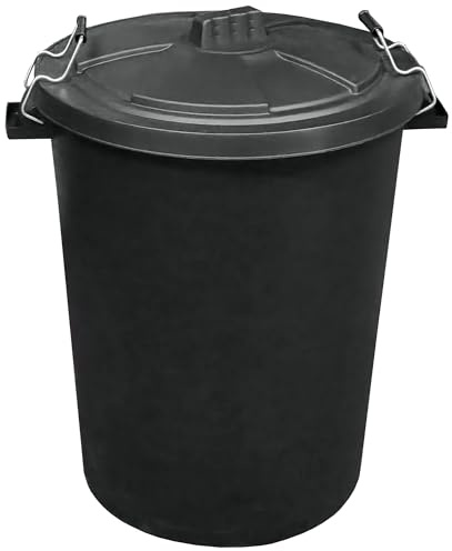 KetoBarrow Large Garden Dustbin 115L Refuse Heavy Duty Plastic Waste Bin With Secure Lid Metal Clip Handles - Black
