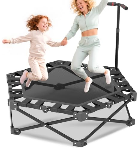 Fitness Trampolin Indoor Klappbar mit Verstellbarem Griff - Stabiler und Leiser Rebounder für Kinder und Erwachsene - Statische Belastungsgrenze 250kg - Minitrampolin 90cm Diameter - 113cm Hoch