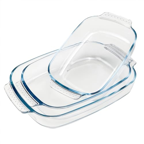 pantrytine 3pcs Glass Rectangular Lasagne Dish with Non-slip handle | Three Sizes of Oven Dish, For Microwave&Air Fryer, Borosilicate GlassTransparent, Oven safe up to 300°C