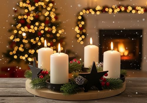 KAMACA XL Adventskranz aus Aluminium und Mangoholz Kerzenhalter für 4 Stumpenkerzen in Schwarz edle Kombination aus Metall und Holz Adventskranz Ø 30 cm (Adventskranz Sterne Aluminium Holz)