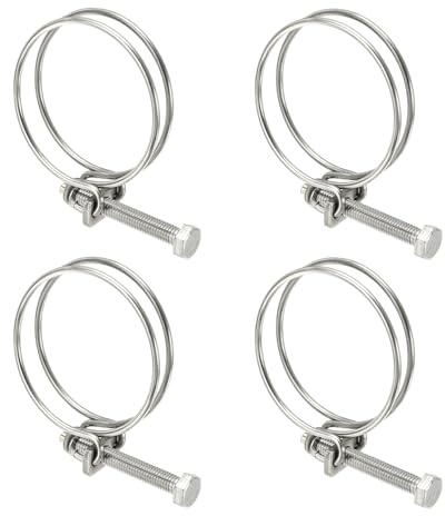 sourcing map 4Pcs Double Wire Hose Clips 53-60mm Adjustable with M8 Screw | Adjustable, 304 Stainless Steel, Silver, Wire Pipe Tube Clamps, Plumbing Joint Fastener, for Dust Collection Pool Pond