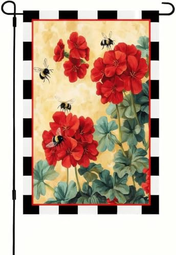 Bandera decorativa de jardín de primavera de geranio de doble cara con diseño de abeja roja y flores pequeñas Hello S