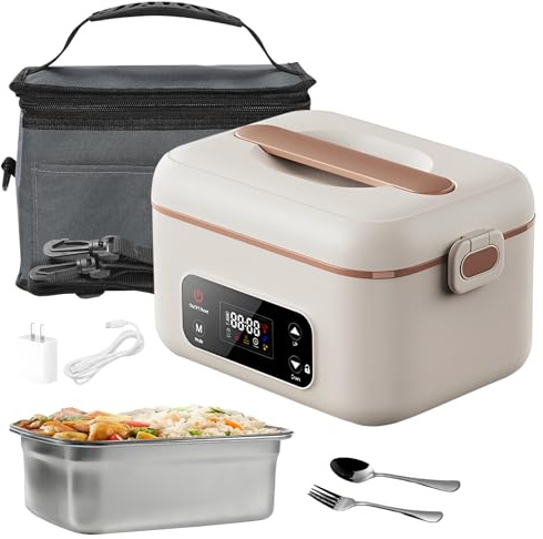 Gamelle Chauffante avec Écran LED et Minuterie,1L Boîte à Lunch électrique pour Adultes,15600mAh Rechargeable Batterie,Lunch box Chauffante avec Vaisselle en Acier Inoxydable et Sac Isotherme (Blanc)