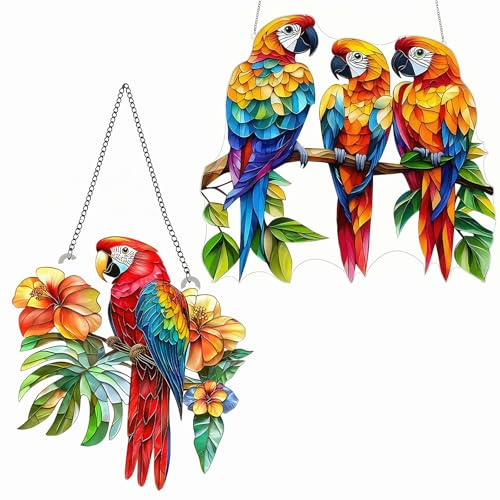2 Stück Papagei Fensterdeko, Hängender Sonnenfänger Modern, Acryl Vogel Anhänger mit Kette, Buntglas Kolibri Fensterbehang, Suncatcher für Fenster Türen Zuhause Deko (1 und 3 Papageien)