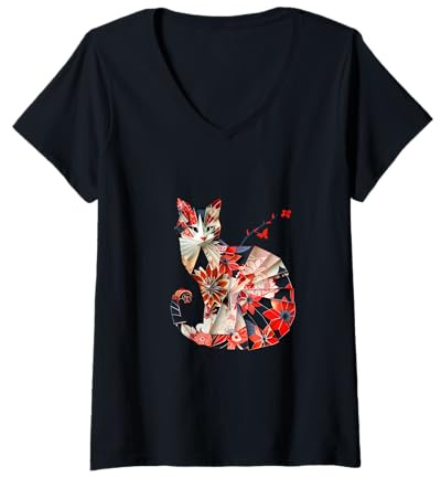 Donna Gatto Origami Gatti Giapponesi in Fiore di ciliegio Giappone Maglietta con Collo a V