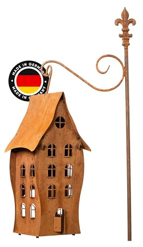 RustiCraft® Hexenhaus mit 3 Etagen hängend (15x15x45cm) – wasserfest – Vogelhaus aus Metall im Rostdesign – mit von innen herausdrückbaren Fenstern & Türen – ideal als Futterstelle oder Deko