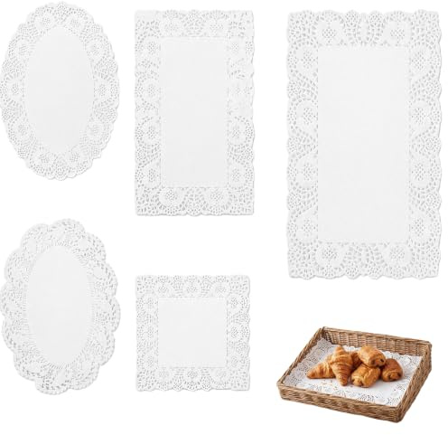250 Stück Spitzenpapier Weiße, 5 Größen Tortenunterlage Rechteckige, Ovale und Quadrat, Elegante Tortenspitze für Kuchen, Desserts und Hochzeitsdeko, Saugfähiges Tortenpapier für Party und Basteln