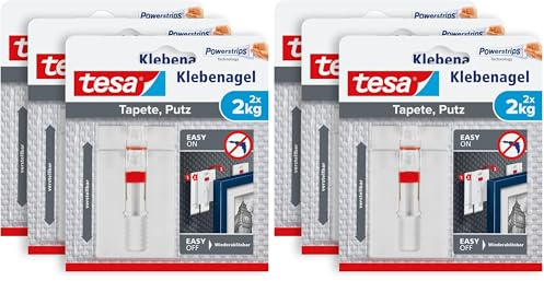 tesa Verstellbarer Klebenagel für Tapeten und Putz 2 kg im 6er Pack - Höhenverstellbarer, selbstklebender Wandnagel - Bis zu 2 kg Halteleistung pro Nagel - 3 x 2 Klebenägel
