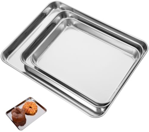 KICHOUSE Bandejas Rectangulares de Acero Inoxidable 430 Juego de 3 para Horno Tostador Superficie Lisa y Acabado Espejo, Aptas para Fiesta Gourmet y Camping