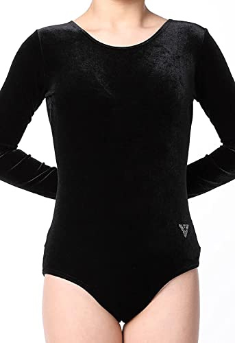 Varsany Einfarbiger Gymnastikanzug für Mädchen, Samt, superweich, Schulkleidung, Schuluniform, Tanz, Ballett, Strumpfhose, Gymnastikanzug für Mädchen (K), Schwarz , 7-8 Jahre