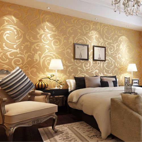 Wallpaper, Modern Luxury Look Non-Woven Wallpaper Baroque Ornament Wall Paper Waterproof Gold Foil Wallpaper for Bedroom Living Room 10 m x (Golden)